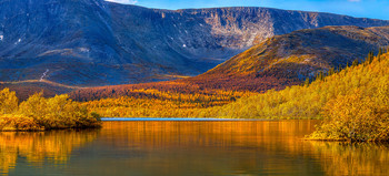 Осенние Хибины / В очень редкие моменты солнечной погоды, можно увидеть настающую сказку осени – чистое золото листвы! 
 Озеро Малый Вудъявр. Горы Хибины. Крупнейший горный массив на Кольском полуострове.
Мурманская область.