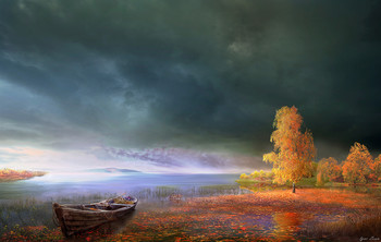 Осенний вечер / Осенний, вечер,озеро,лодка,берёза
