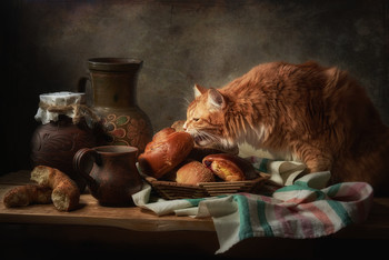 Любитель выпечки / Предметная композиция с выпечкой и рыжим котом