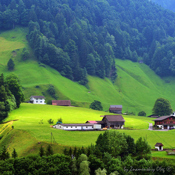 &nbsp; / Chalets and farm in green alpine meadows in Uri canton nearby Altdorf city, Switzerland