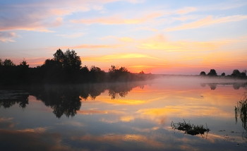 Туман на рассвете. / Солнце ещё не встало, но осветило ранние облака на озере Сосновое.