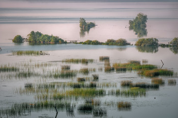 Устье Иньвы на рассвете / Село Майкор, Пермский край.
В прошлые века в устье реки Иньвы стоял железоделательный завод,  который был оборудован уникальными гидросооружениями (гидроагрегаты стояли не на плотине, а на специальных отводных каналах, не мешающих судоходству по реке). В 50-х годах прошлого века на Каме построили плотину КамГЭС и завод попал под затопление. Сейчас о нем напоминают только островки фундаментов былых печей и молотов выступающих над водной гладью.