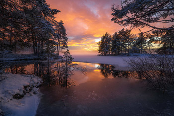 &nbsp; / A very beautiful sunset the first day of February 2020 at a local lake in Ringerike, Norway.