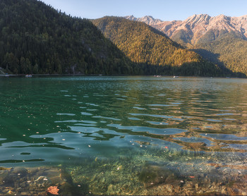 Озеро Рица, октябрь / Расположено на высоте 950 м над уровнем моря, цвет водного зеркала меняется по временам года. Весной и летом преобладает зелено- жёлтый цвет воды, осенью и зимой — холодный сине-голубой.