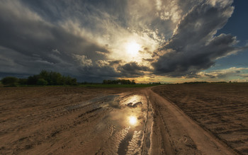 Весеннее зеркало / Отражение солнца в луже на грунтовой дороге за несколько часов перед закатом
