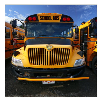 &nbsp; / School buses parked in their stow away parking lot during school free days. 
Newfoundland, Canada