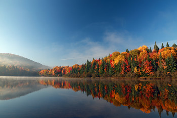 &nbsp; / Autumn forest reflected in water. Colorful autumn morning in the mountains. Colourful autumn morning in mountain lake. Colorful autumn landscape. Parc national Mont Tremblant. Quebec. Autumn in Canada