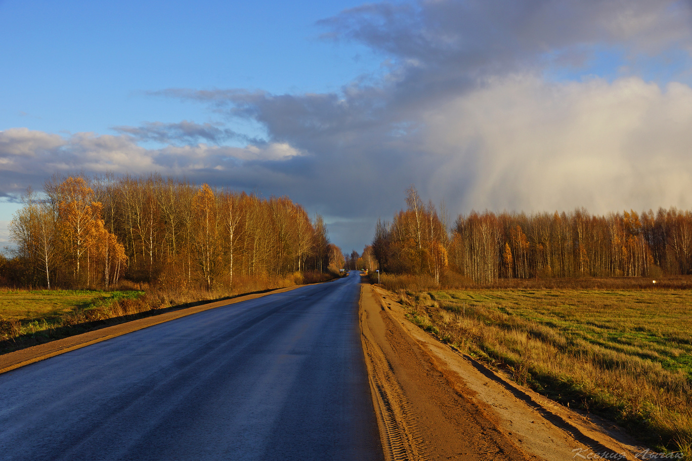 Дорога с голубым небом осенью