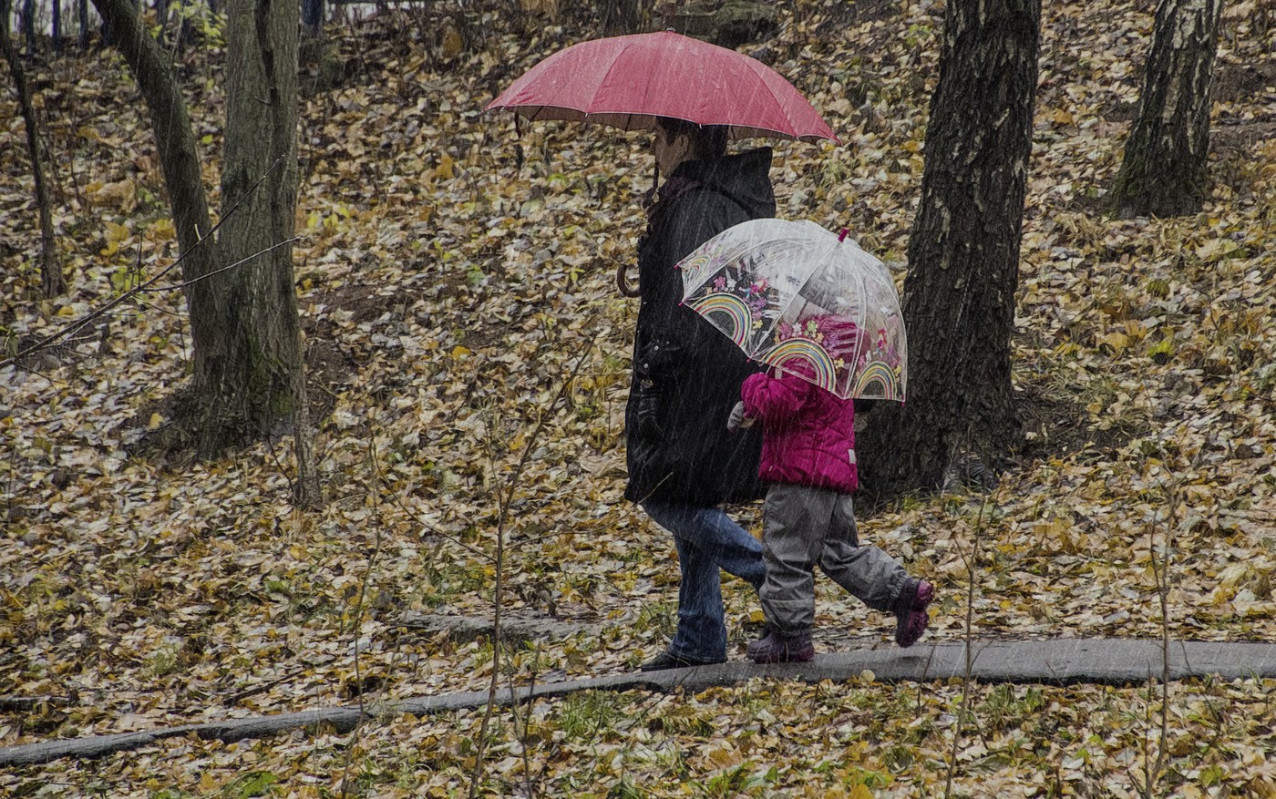 Дети под зонтом осенью