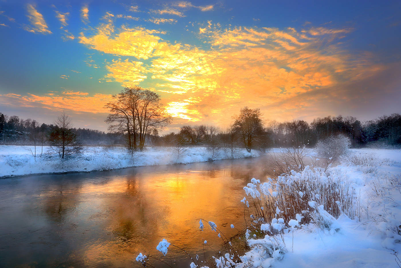 зима закат река