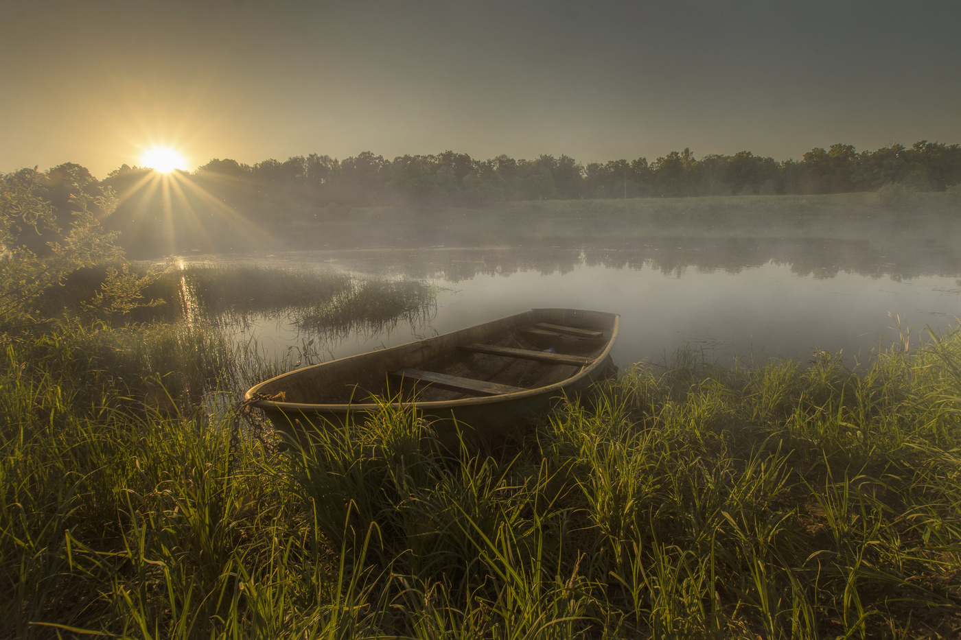 Пейзаж с моторной лодкой